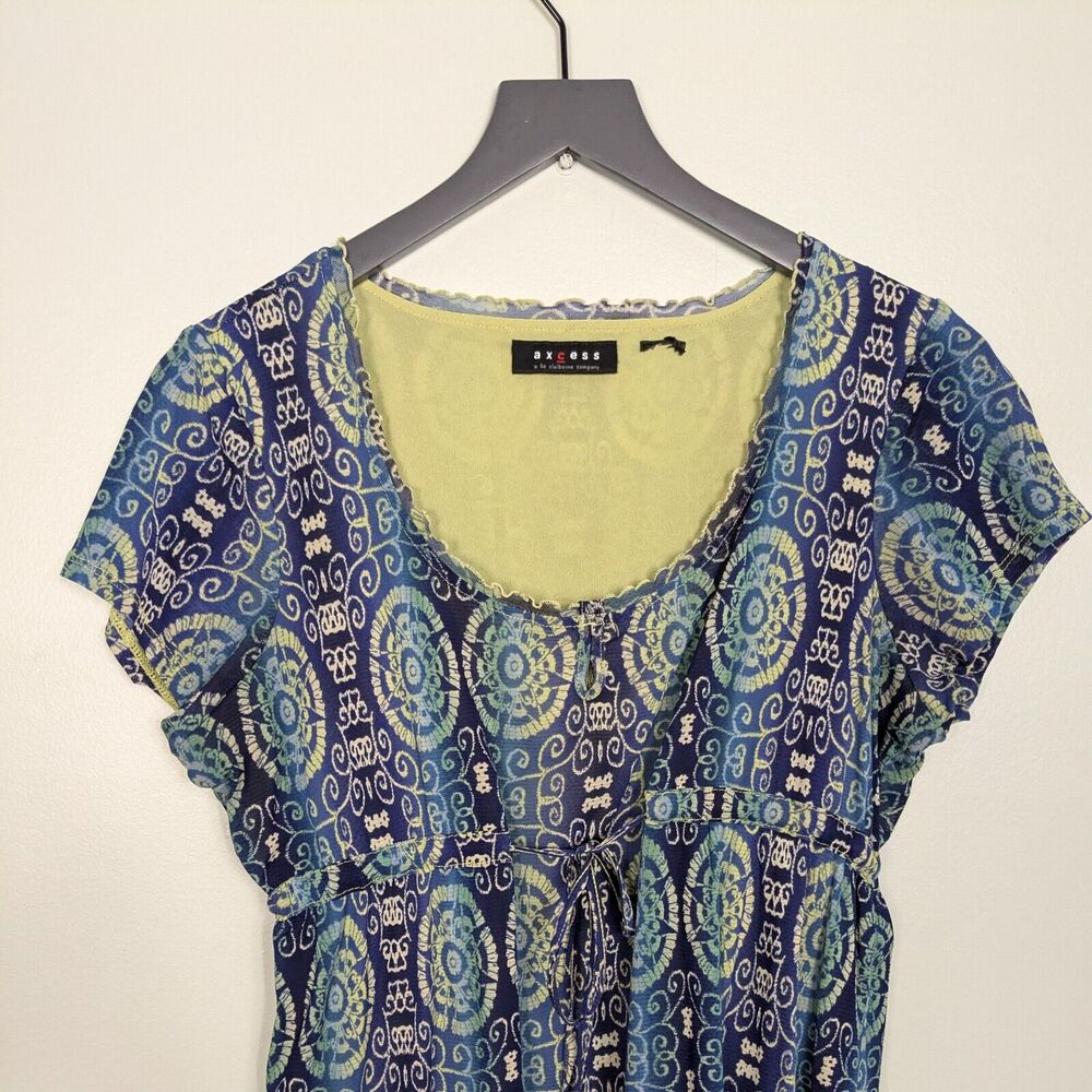Y2K Babydoll Top L Blue Mesh Floral Vintage Boho Hippie Lettuce Hem Tie Front